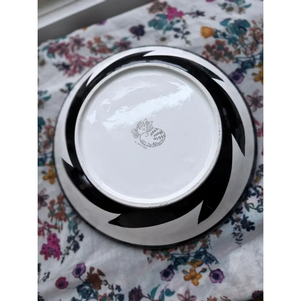 Tuxedo Cat Ceramic Serving Bowl 12” Whimsical Art Black & White Cats by Nina